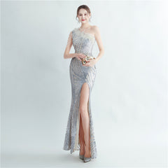 One-Shoulder Sequined Feather Maxi Dress