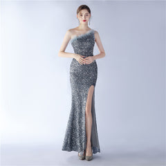 Ostrich Feather One-Shoulder Sequined Maxi Dress