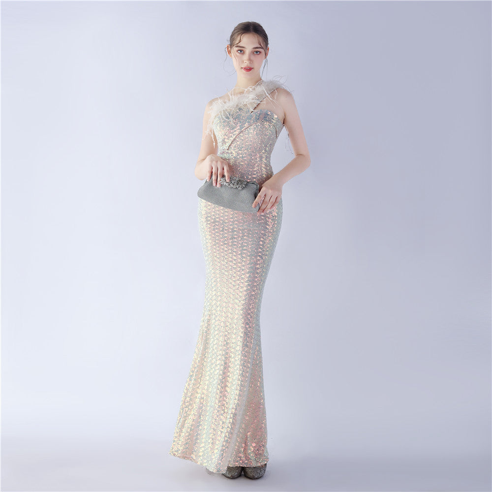 Asymmetric One-Shoulder Sequined Maxi Dress