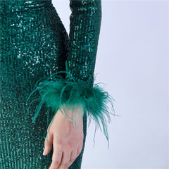Ostrich Feather Sequin Maxi Dress