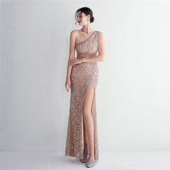 One-Shoulder Sequined Beaded Fishtail Maxi Dress