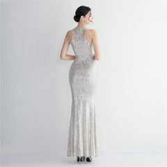 Sequined Halter Fishtail Maxi Dress