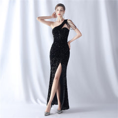 One-Shoulder Beaded Sequin Split Maxi Dress