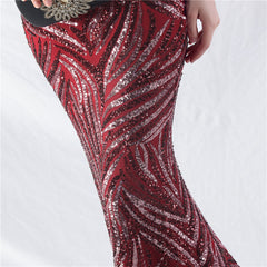 Off-Shoulder Backless Sequined Lace-Up Maxi Dress