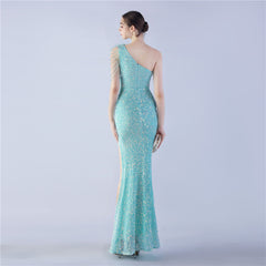 One-Shoulder Ostrich Hair Maxi Dress