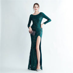 Sequined Split Long-Sleeve Maxi Dress