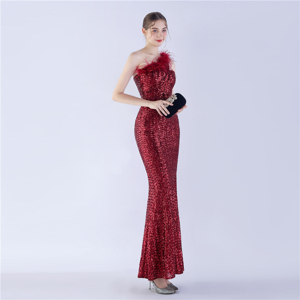 Asymmetric One-Shoulder Sequined Maxi Dress