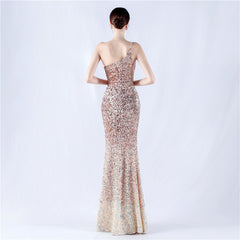 One-Shoulder Sequin Feather Maxi Dress