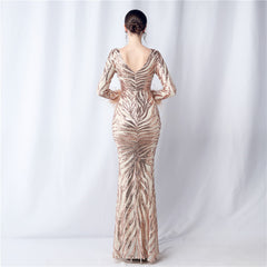 V-Neck Ostrich Feather Sequin Maxi Dress