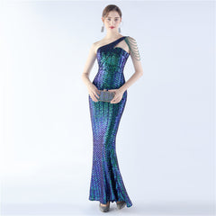 Sequin Beaded One-Shoulder Maxi Dress