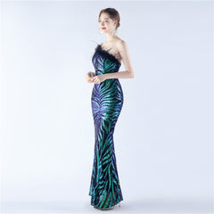 One-Shoulder Sequined Ostrich Feather Dress