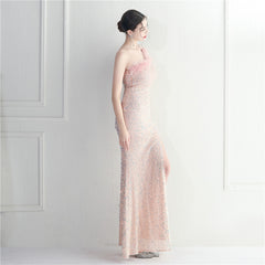 Ostrich Feather One-Shoulder Sequined Maxi Dress