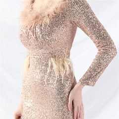 Ostrich Feather Sequin Split Maxi Dress
