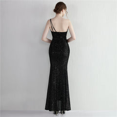 Sequin One-Shoulder Fishtail Maxi Dress