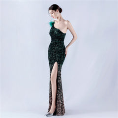 One-Shoulder Sequined Feather Maxi Dress