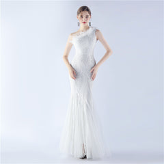 Ostrich Feather Sequined One-Shoulder Maxi Dress