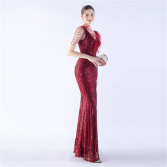 Ostrich Feather Beaded Maxi Dress