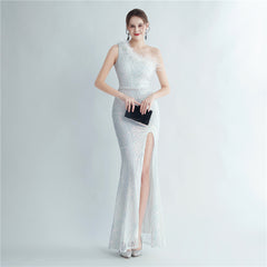 One-Shoulder Sequin Feather Maxi Dress