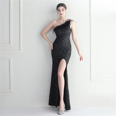 Ostrich Feather One-Shoulder Sequined Maxi Dress
