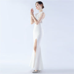 One-Shoulder Rhinestone Diagonal Collar Maxi Dress