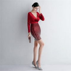 Sequined V-Neck Long-Sleeve Fishtail Dress