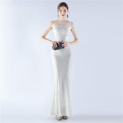 Sequin Beaded One-Shoulder Maxi Dress