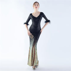 Ostrich Feather Sequin Maxi Dress