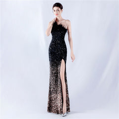 One-Shoulder Sequin Feather Maxi Dress