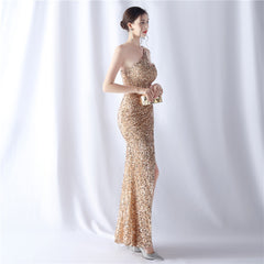 One-Shoulder Beaded Sequin Split Maxi Dress