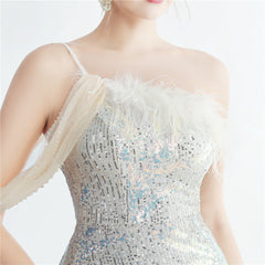 One-Shoulder Ostrich Feather Beaded Maxi Dress