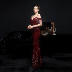 Sequined V-Neck Fishtail Dress