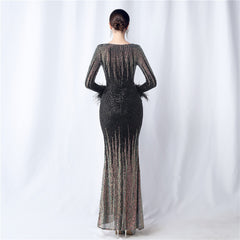 Ostrich Feather Gradient Sequin Maxi Dress