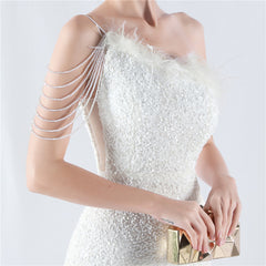One-Shoulder Feathered Sequined Maxi Dress