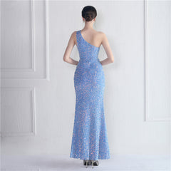 One-Shoulder Sequined Fishtail Maxi Dress