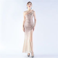 One-Shoulder Ombre Sequin Feather Dress