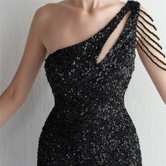 One-Shoulder Sequined Beaded Fishtail Maxi Dress