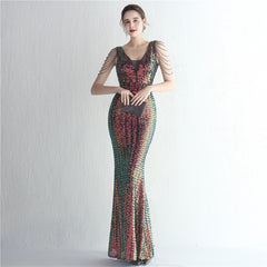 Sequined V-Neck Fishtail Maxi Dress