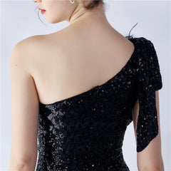 Sequined One-Shoulder Ostrich-Feather Maxi Dress