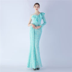 One-Shoulder Ostrich Feather Sequin Maxi Dress