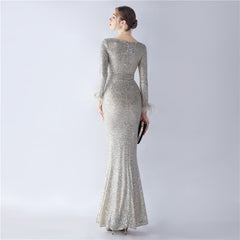 Ostrich Feather Sequin Maxi Dress