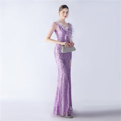 Ostrich Feather Beaded Maxi Dress