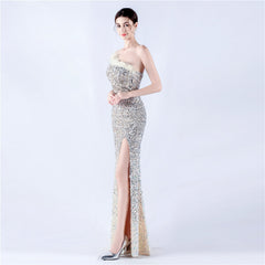 One-Shoulder Sequin Feather Maxi Dress