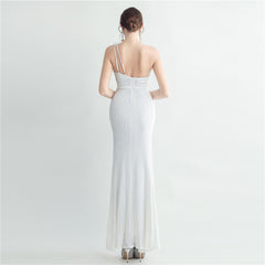 One-Shoulder Ostrich Feather Sequin Maxi Dress