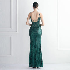 V-Neck Sequined Beaded Maxi Dress