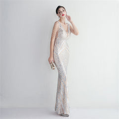 Sequined V-Neck Slim Maxi Dress