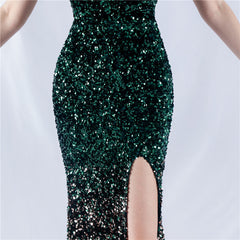 One-Shoulder Sequin Feather Maxi Dress