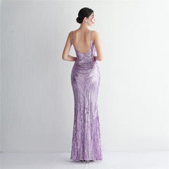 V-Neck Sequin Lace Maxi Dress