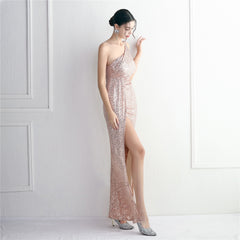 Sequin One-Shoulder Fishtail Maxi Dress