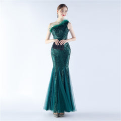 Ostrich Feather Sequined One-Shoulder Maxi Dress