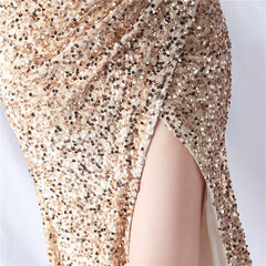 One-Shoulder Feathered Sequin Maxi Dress